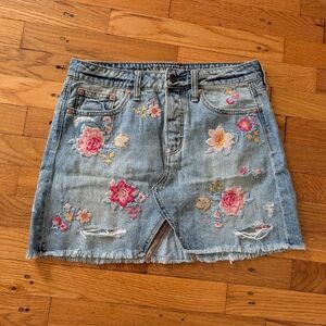 American Eagle Outfitters Distressed & Floral Embroidered Denim Mini Skirt